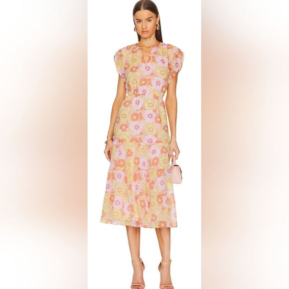 Steve Madden Pink and Yellow Flutter Sleeve Sundress Leigh Midi Chiffon Floral M - Picture 1 of 14